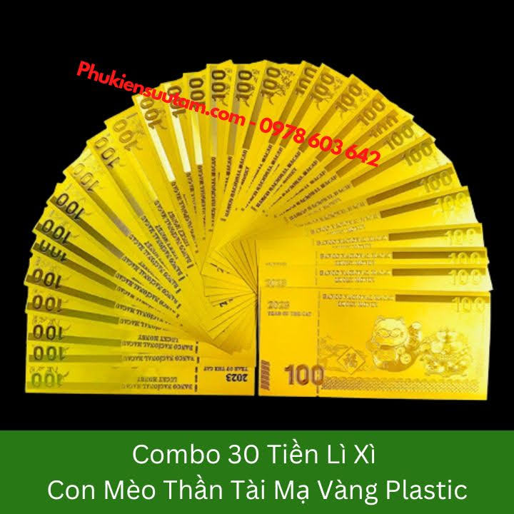 Combo 30 Tờ Lì Xì Con Mèo Thần Tài Mạ Vàng Plastic, kích thước: 15.5cmx7.5cm, màu vàng - SP005907