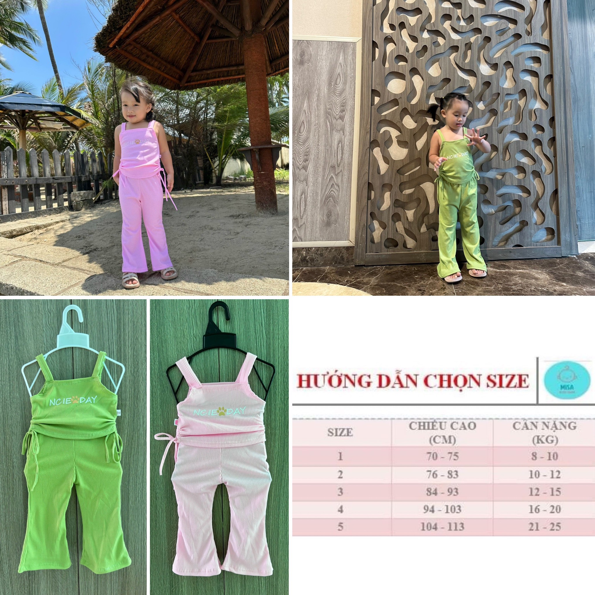 đồ bộ bé gái (8-25kg) quần ống loe, áo dây, vải cotton 4D, thun co dãn