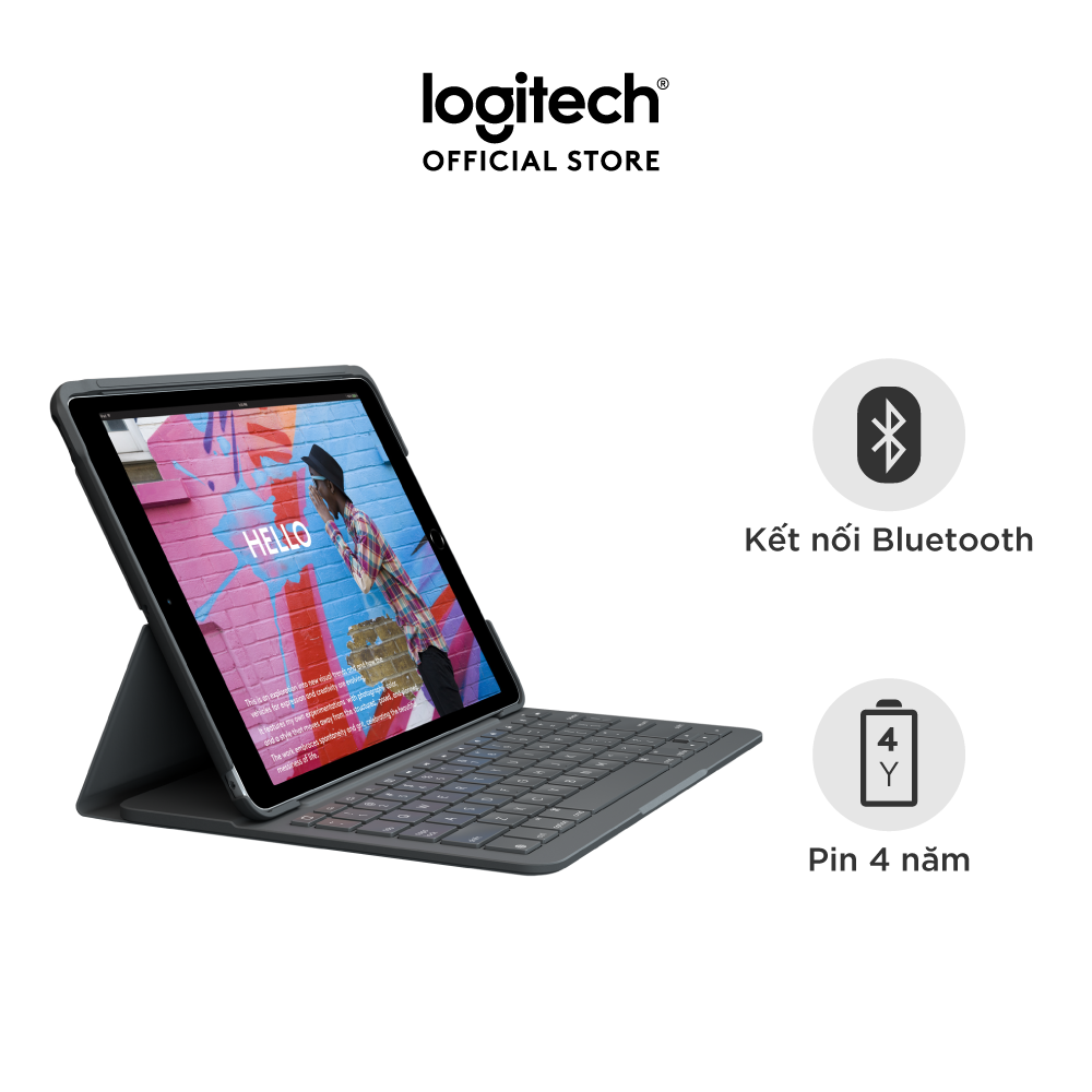 Bao da kèm bàn phím Logitech Slim Folio kết nối bluetooth dành cho iPad Gen7, Gen 8, Gen 9 - Pin đến 4 năm - Màu Đen - Hàng chính hãng