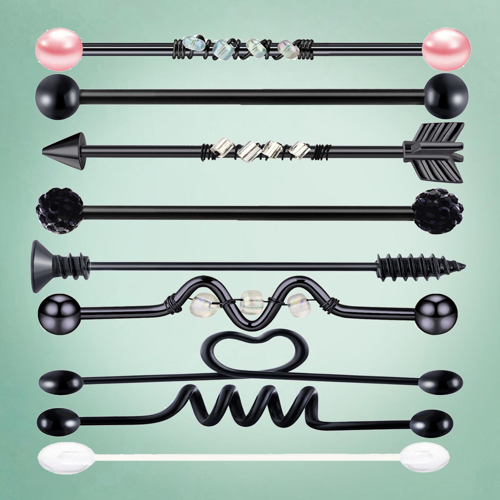 9Pcs Labret Ear Helix Earring Bar Barbell Body Piercing Jewelry Black
