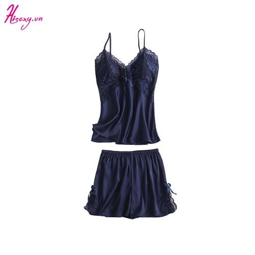 Bộ Đồ Ngủ Hai Dây Hisexy.vn Quần Cộc Lụa Satin Có Mút Ngực Đủ Size Dưới 62Kg MS02