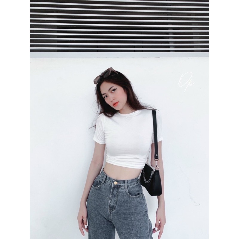 Áo phông ôm body cộc tay dáng ngắn croptop cổ tròn basic 2 màu đen, trắng cho nữ
