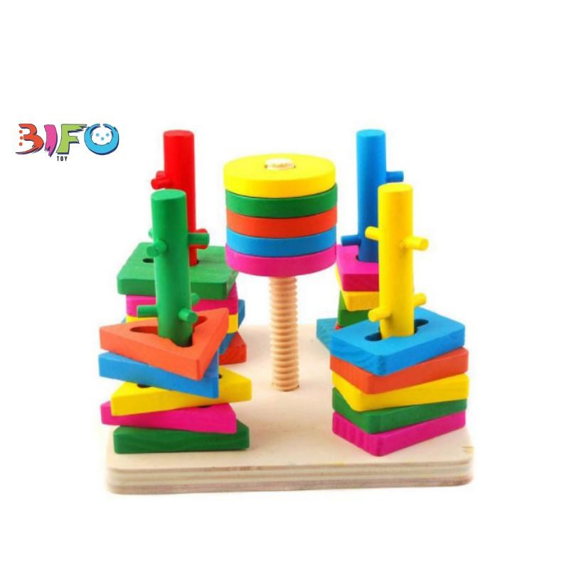 Đồ chơi Montessori luồn cọc thả hình khối 5 trụ đa dạng cho bé luyện kĩ năng tay khéo léo, học hình khối và màu sắc