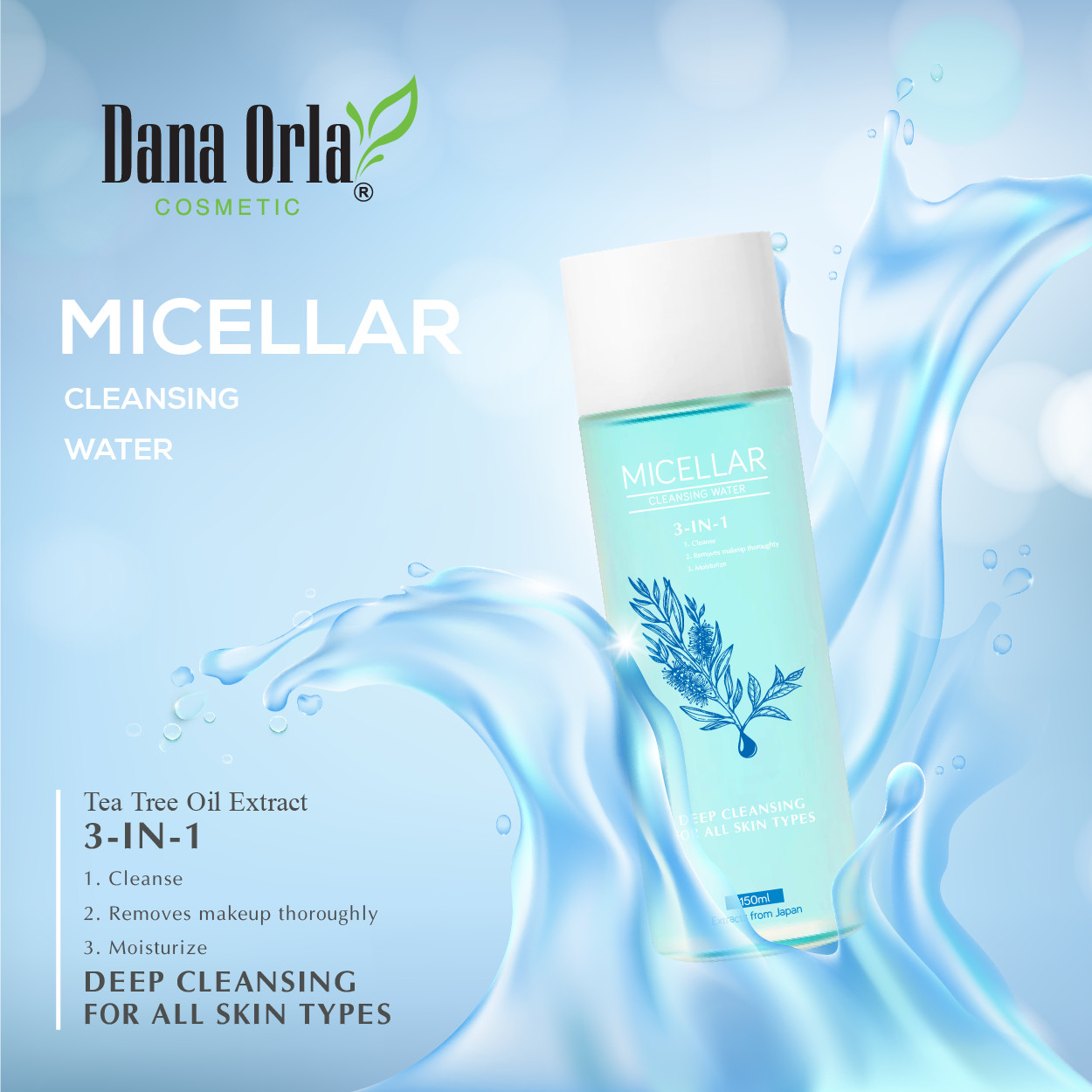 Nước Tẩy Trang dành cho da dầu, mụn và hỗn hợp Dana Orla Micellar 3-in-1, chiết xuất Tinh dầu Tràm Trà