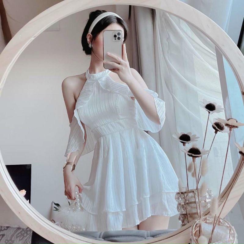 Đầm xòe trắng cổ yếm rớt vai dự tiệc, Váy đầm rẻ giá đẹp