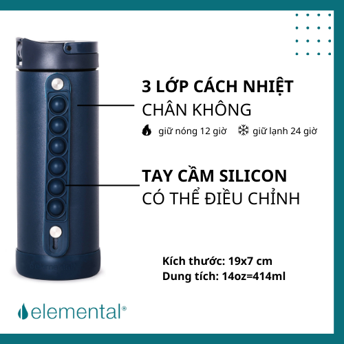 [Hàng chính hãng_Thương hiệu Mỹ] Bình giữ nhiệt elemental Pop màu xanh navy 414ml, inox 304, giữ nhiệt tốt, FDA Hoa Kì, bình đa năng có kèm ống hút cho bé đi học