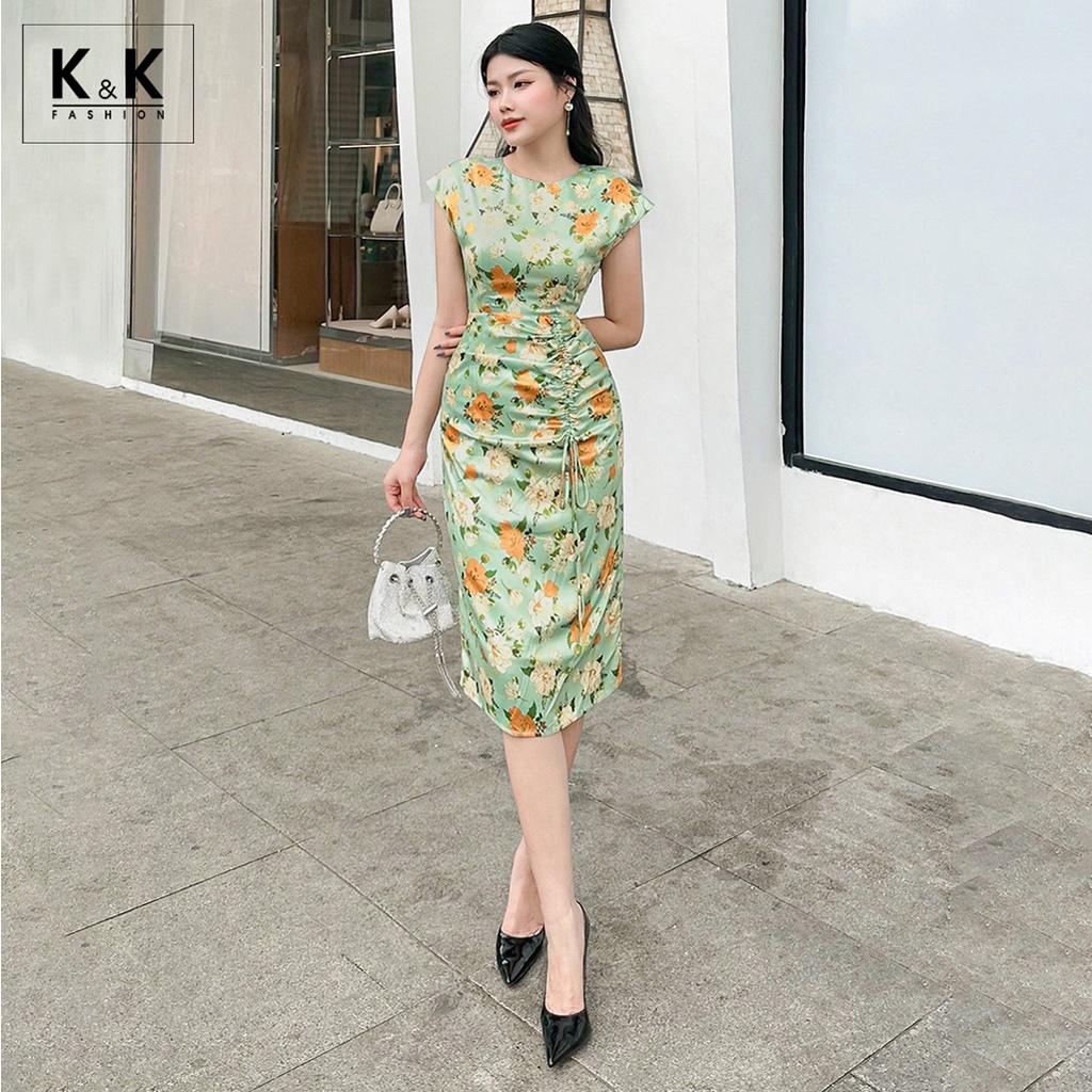 Đầm Hoa Dự Tiệc Phối Dây Rút K&amp;K Fashion KK119-34 Chất Liệu Lụa Satin