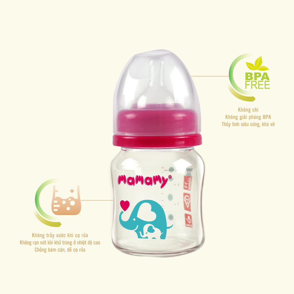 Combo Bình sữa thủy tinh cổ rộng Mamamy Xanh/Hồng 240ml và 2 Hộp núm ti chống sặc, đầy hơi cho bé