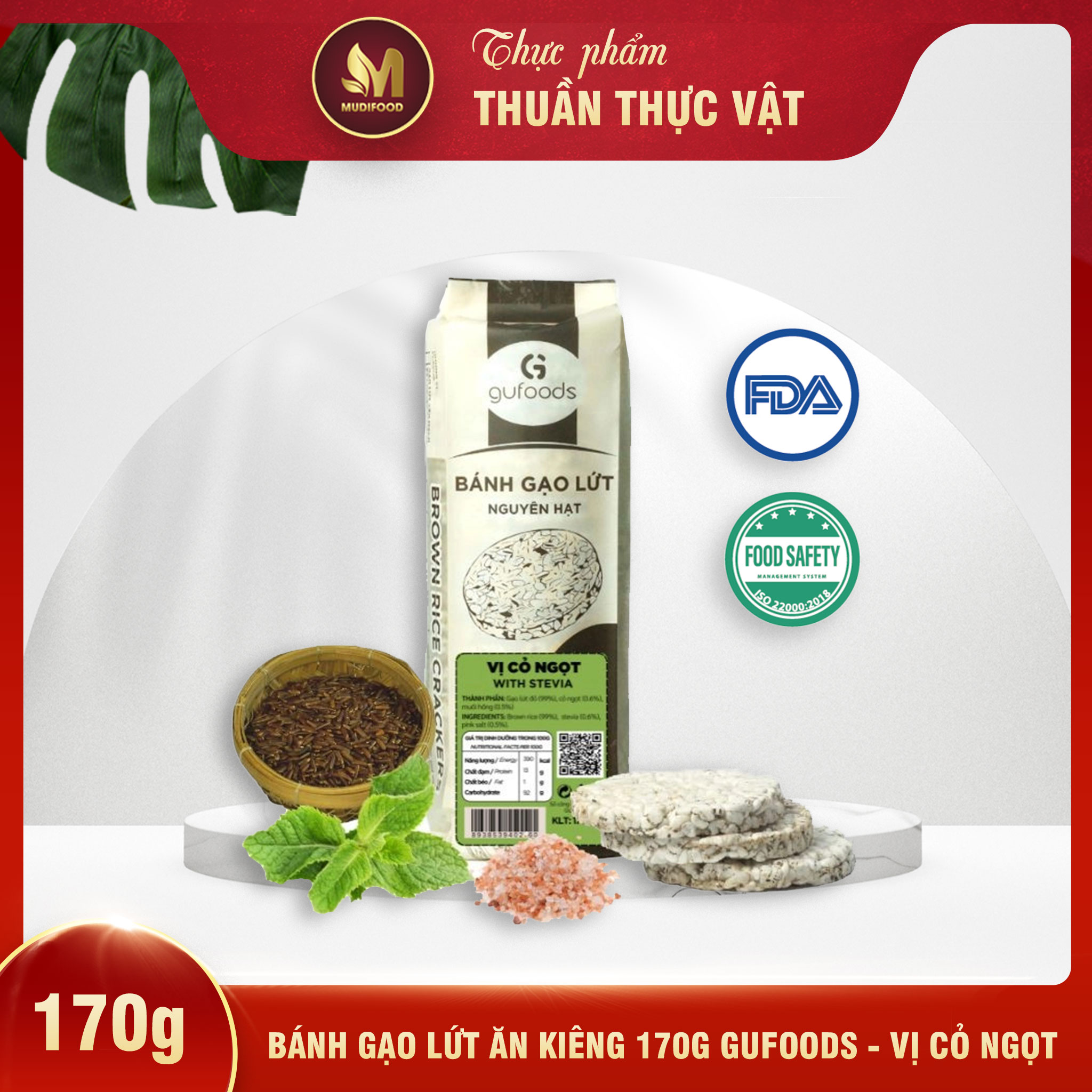 Bánh Gạo Lứt Ăn Kiêng GUfoods 170g - Vị Cỏ Ngọt - Tập Gym, Giảm Cân, Thực Dưỡng, Eat Clean