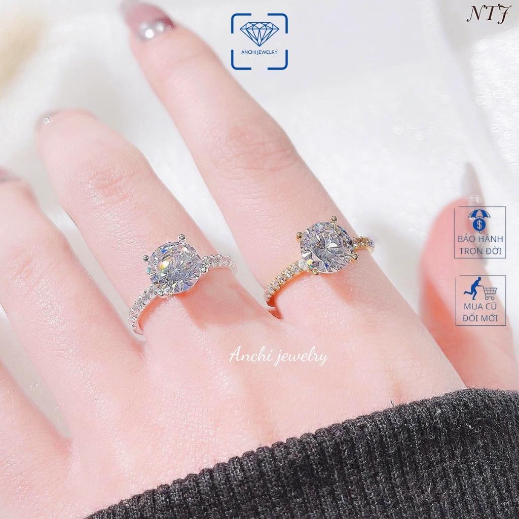 Nhẫn bạc 4 chấu cao gắn đá cubic mạ vàng giá rẻ cho nữ, Anchi Jewelry