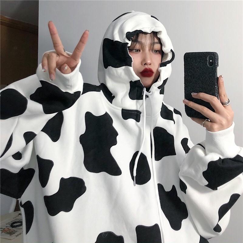  Áo Khoác Hoodie Unisex Bò Sữa Form Rộng Siêu Cute