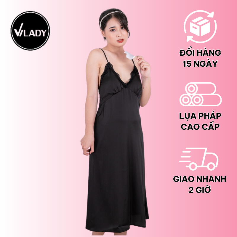 Đầm ngủ, Váy ngủ lụa Pháp thiết kế 2 dây chéo lưng phối ren cao cấp VILADY - V148