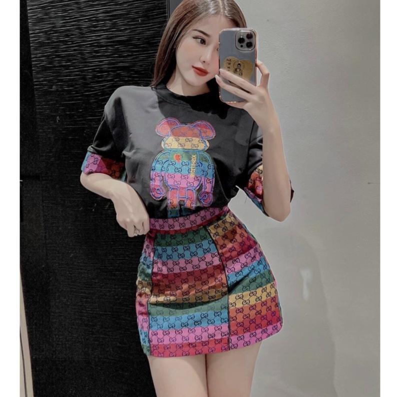 FREESHIP Set Bộ Nữ,áo Phông Thêu Họa Tiết Gấu Mix Chân Váy Tiểu Thư Dạo Phố Dự Tiệc Đi Biển Sang Chảnh DS