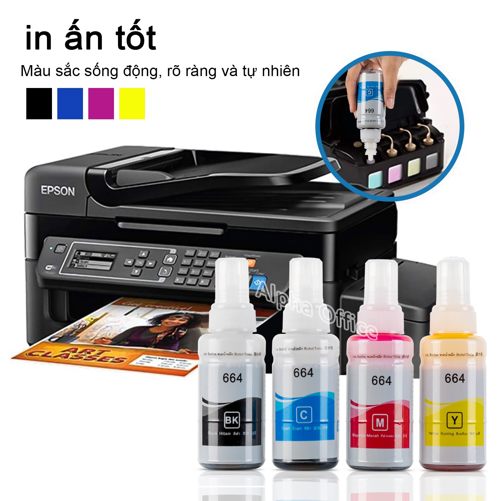 ️Bộ mực in 664 4 màu Xanh/đỏ/vàng/đen cho Epson L300 / L310 / L350 / L360 / L1300 / L100 / L120 / L200 / L210 / L565 Hàng nhập khẩu