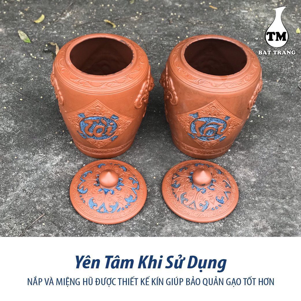 Hủ Sành Đựng Gạo Màu Nâu Đỏ Điêu Khắc Hoa Văn Mẫu Nắp Nhọn