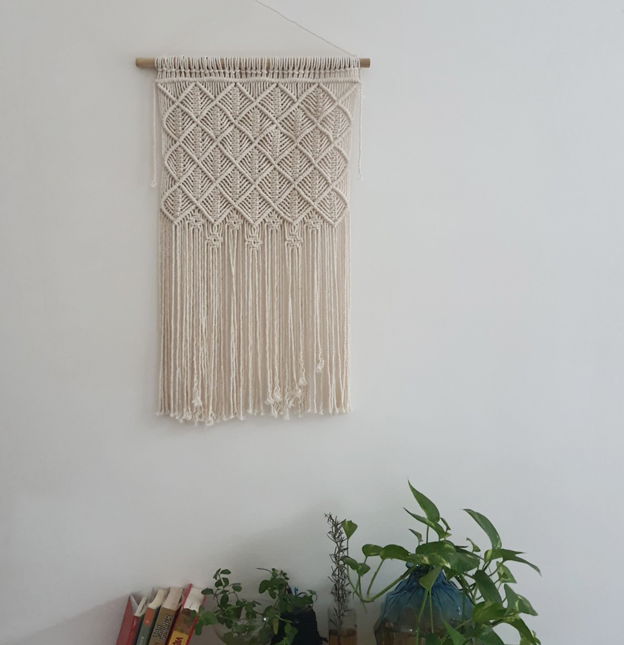 Rèm macrame trang trí tường, Rèm màu trắng, bohemien macrame