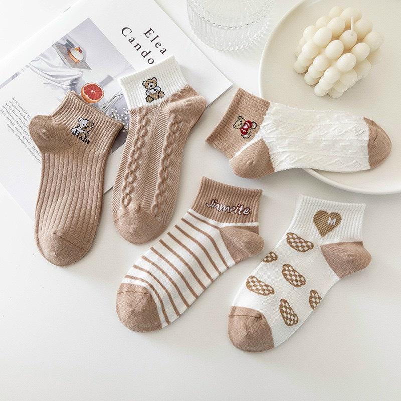 Tất nữ vớ cổ ngắn set 5 đôi nâu sữa họa tiết cute phong cách Hàn Quốc trẻ trung chất liệu co giãn thoáng mát