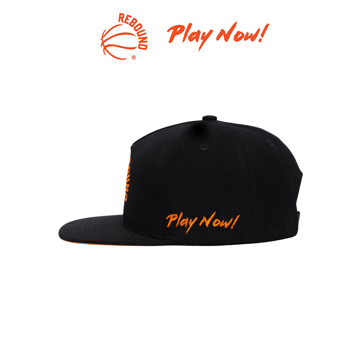 Nón Snapback REBOUND - Play Now! đen Logo cam thêu sắc nét Khóa bấm kim loại chắc chắn Free size