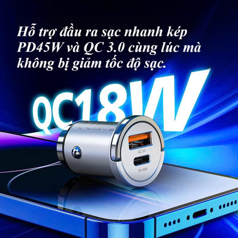Tẩu sạc nhanh ô tô 45W Ho,co NZ10 với 2 cổng Type C + USB, sạc PD45W + QC3.0, có móc treo - Hàng chính hãng