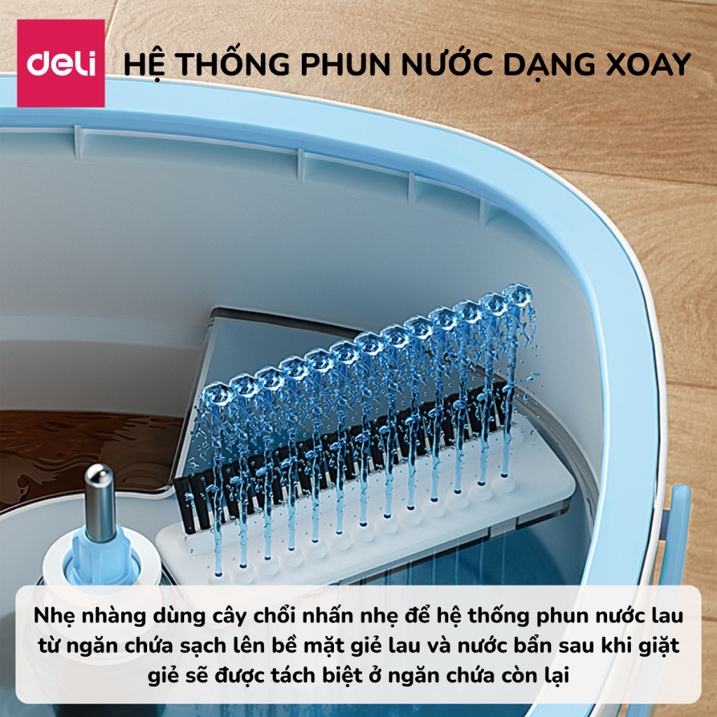 Bộ Cây Lau Nhà Tách Nước Bẩn Thông Minh Deli, Chổi Lau Nhà Xoay 360 độ 2 Ngăn Kèm Bông Lau