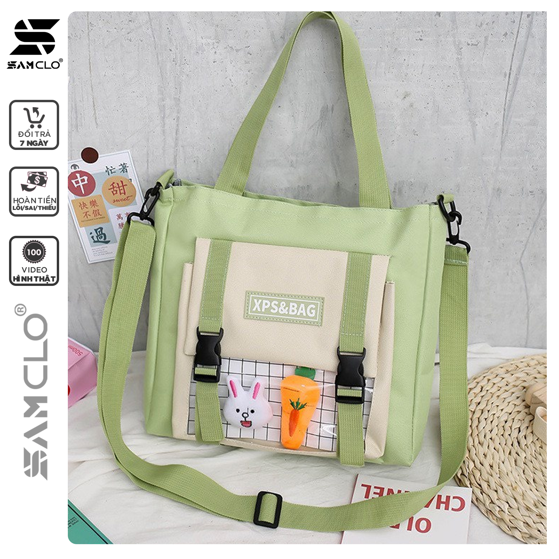 Túi đeo chéo SAM CLO mini bag canvas thời trang Hàn Quốc ULZZANG kèm phụ kiện dễ thương, đi chơi, đi học XPS&amp;BAG