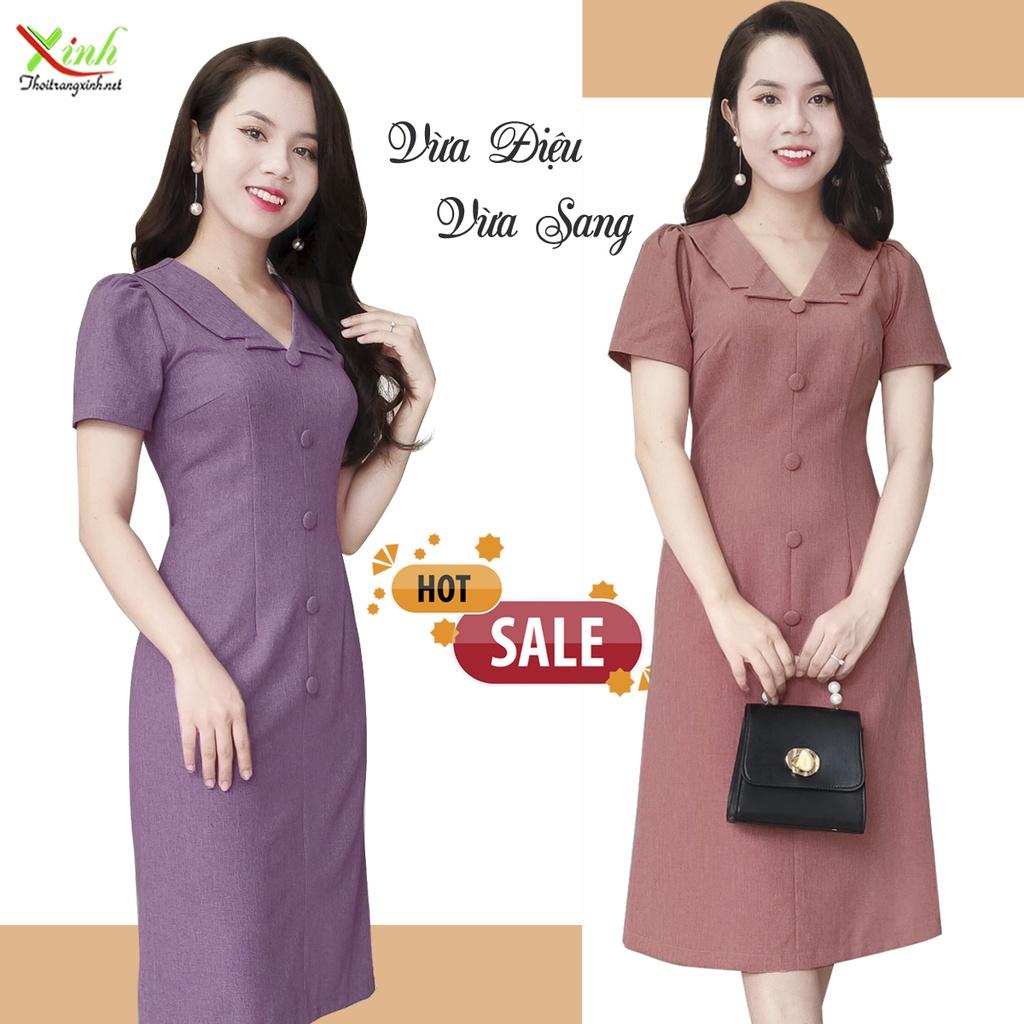 Đầm Suông A Cổ Bẻ Phối Cúc Tôn Da Sáng