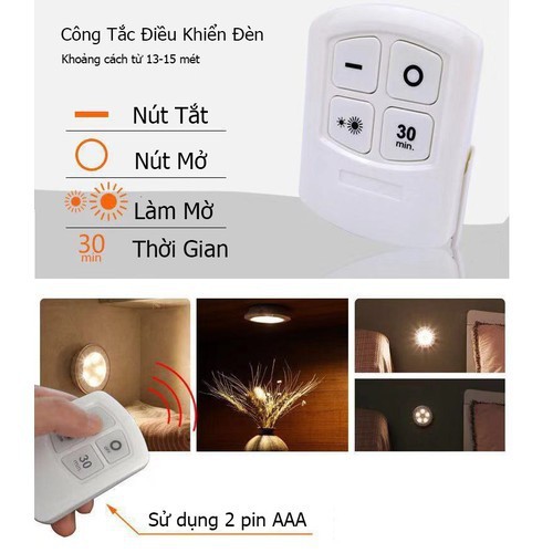 Combo 3 Đèn ngủ,đèn trang trí tủ trần nhà có điều khiển từ xa sử dụng pin 3A