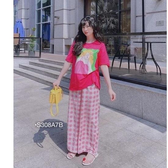 Set bộ QC búp bê quần caro ống rộng, Set caro ống rộng áo búp bê hồng