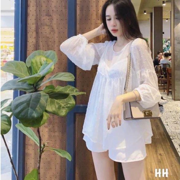 Áo Kiểu Babydoll Dài Tay, Kèm Áo 2 Dây, chất Tơ Xinh Xắn