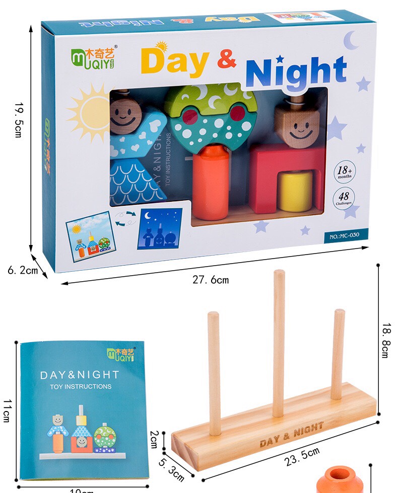 Thả cọc gỗ sáng tạo Day and Night. Đồ chơi gỗ giáo dục sớm tăng trí nhớ và thị giác cho bé 2-4 tuổi.