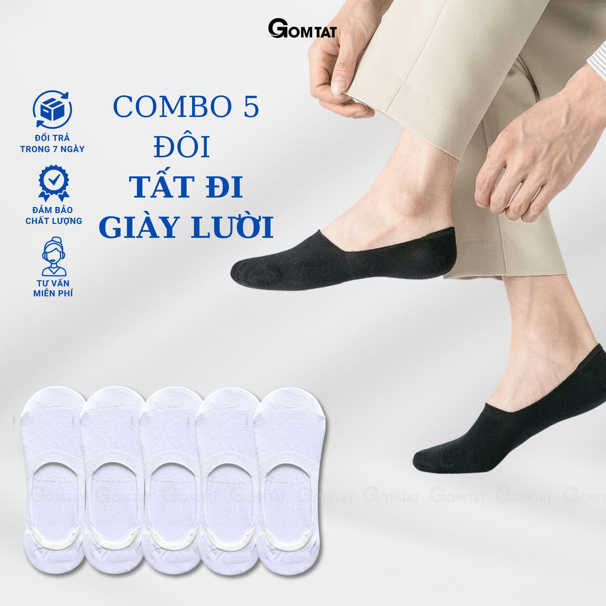 Set 5 Đôi Vớ Lười Nam , Tất Nam đi giày lười có đệm cao su chống trượt gót chân - GOMTAT-LUOI02-CB5