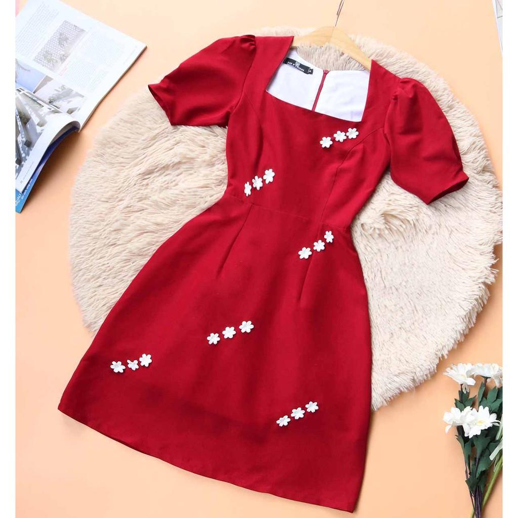 Đầm dự tiệc đỏ cổ buông đính kết hoa tỉ mỉ may 2 lớp