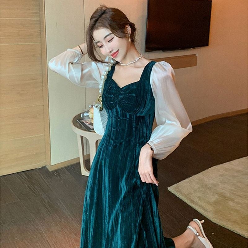 Đầm xòe cổ vuông nhung xanh phối tay lụa trắng dáng dài vintage - D152435 - Hàng Quảng Châu cao cấp
