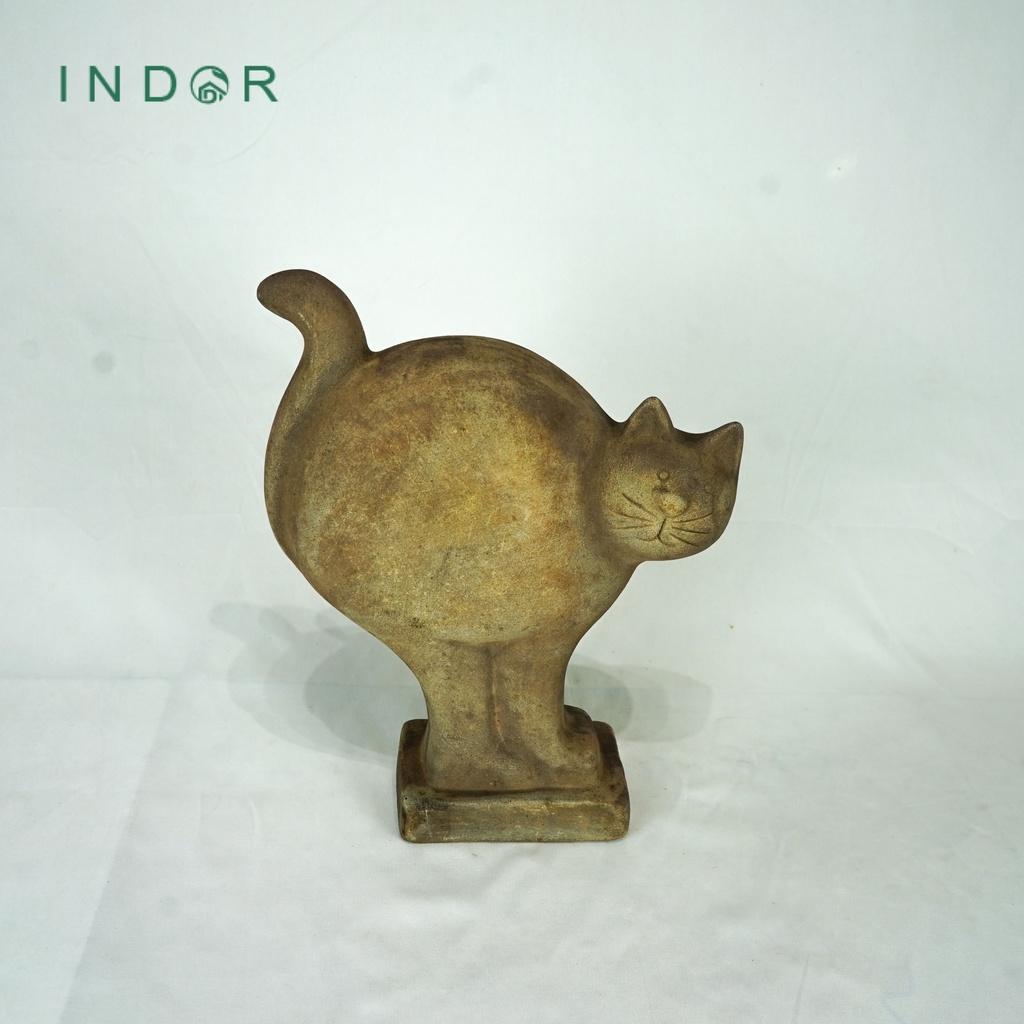 Tượng chú mèo thân tròn đuôi dài chất liệu đất nung terracotta Tượng decor Tượng trang trí nội ngoại thất