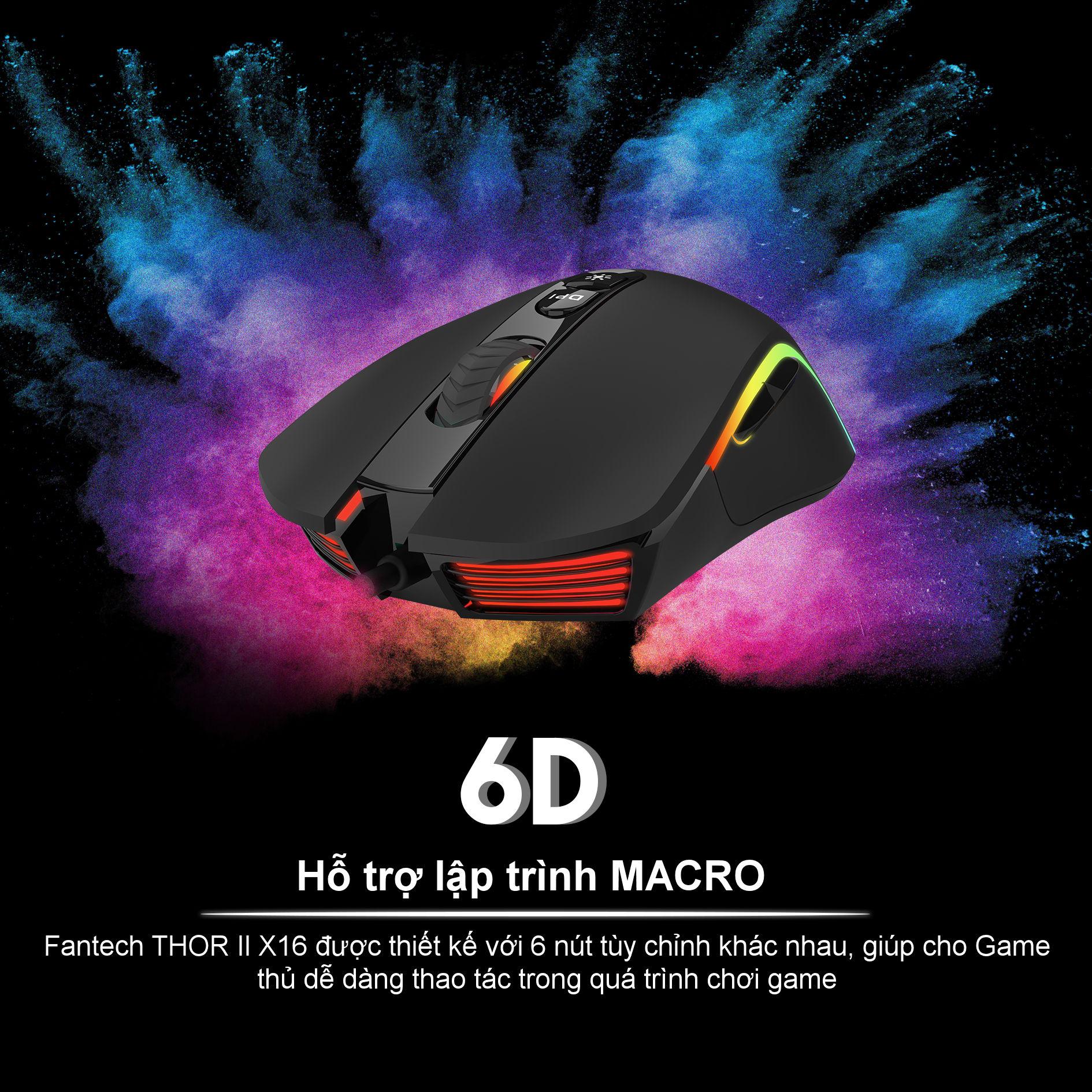 Chuột Gaming có dây Fantech X16 THOR II 4200DPI LED RGB 168 Triệu Màu 6 Phím Macro Có Phần Mềm Tùy Chỉnh Riêng - Hàng chính hãng