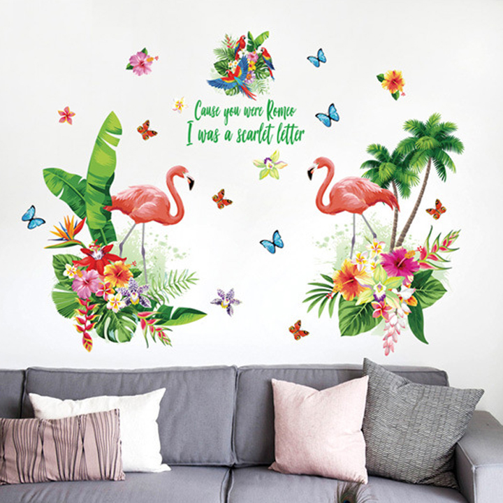 Decal dán tường chất liệu PVC loại 1 trang trí phòng khách- Đôi hạc lá xanh