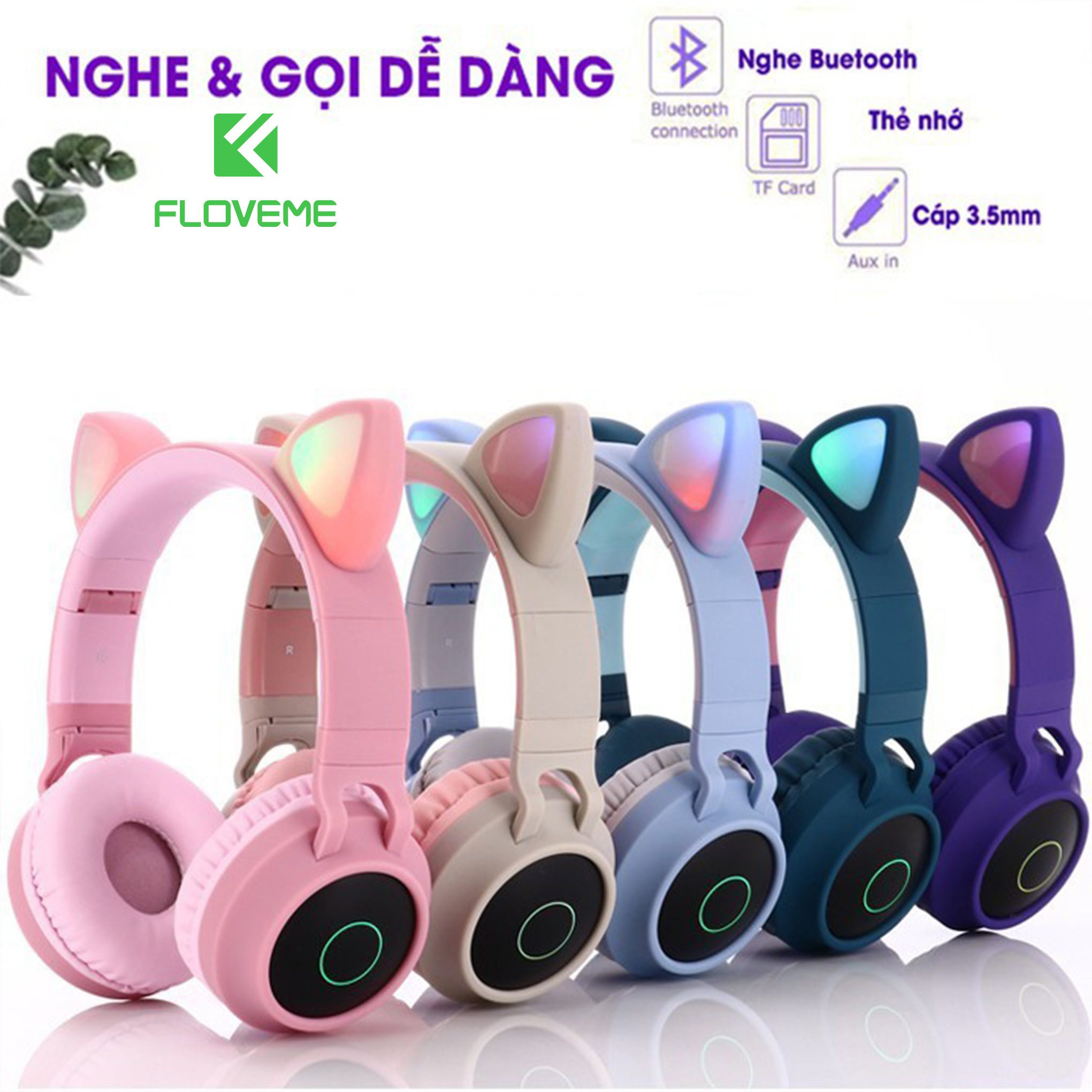 Tai nghe FLOVEME BT28 chụp tai kết nối bluetooth 5.0 hình mèo , kèm dây , Tai mèo có led, có nhiều màu. kiểu dáng siêu cute - Hàng chính hãng