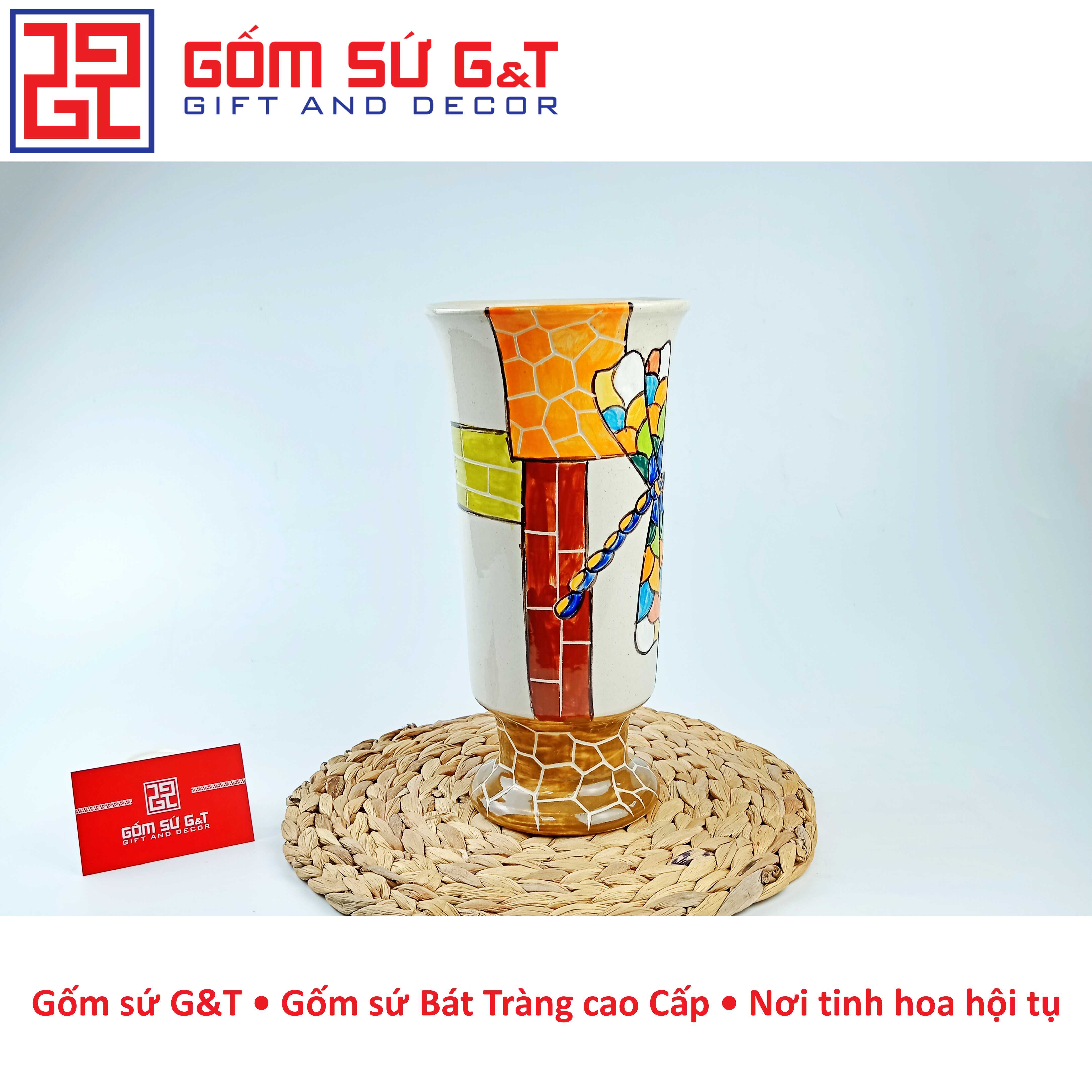 Lọ hoa trang trí dáng chân ly thấp khắc chuồn Gốm Sứ G&T