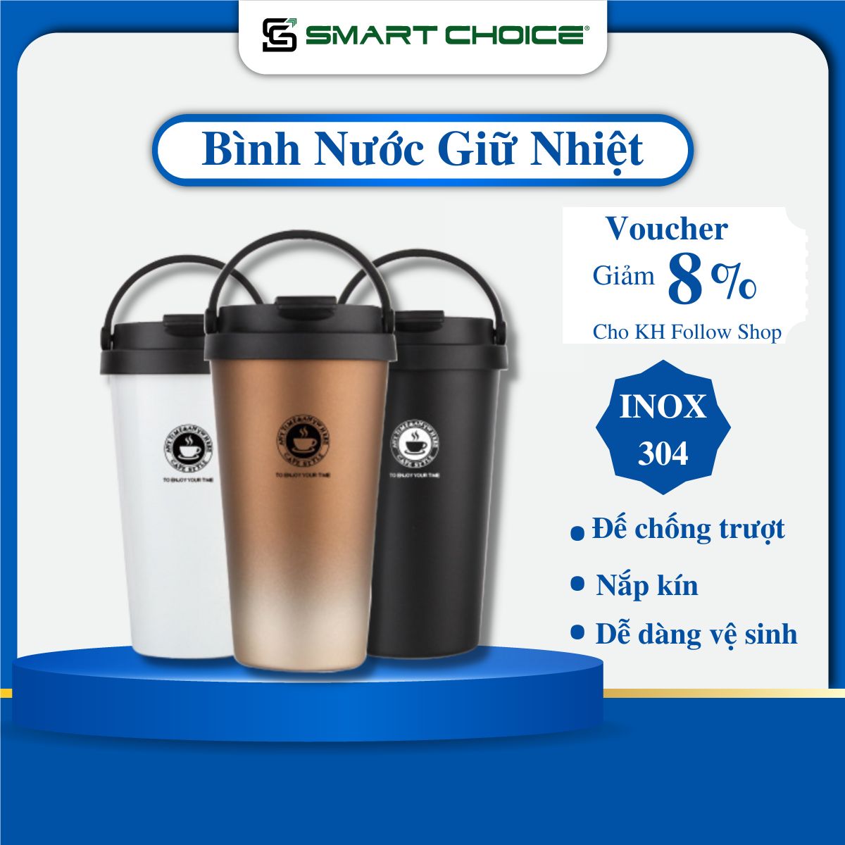 Bình Nước Giữ Nhiệt Inox SmartChoice Cốc Giữ Nhiệt Cafe 500ml Bình Nước Giữ Nhiệt Có Quai Xách Tiện Lợi, 5 Màu Thời Trang