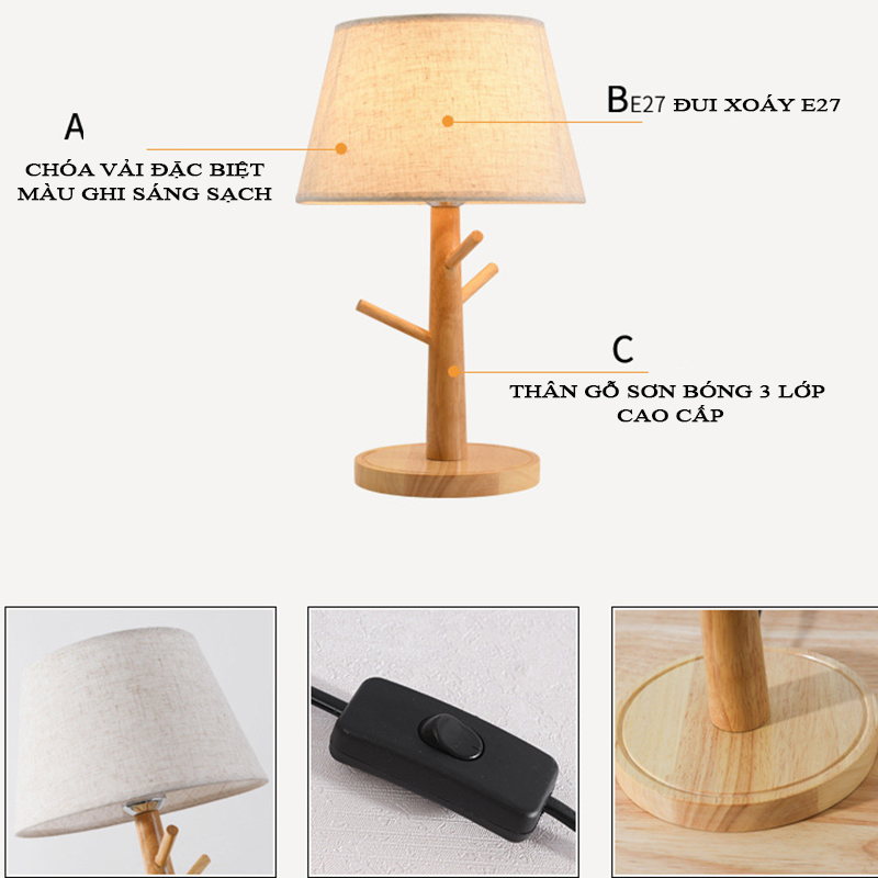 Đèn ngủ decor - đèn ngủ để bàn - đèn ngủ gỗ để đầu giường LACOCI cao cấp đã bao gồm bóng LED chuyên dụng
