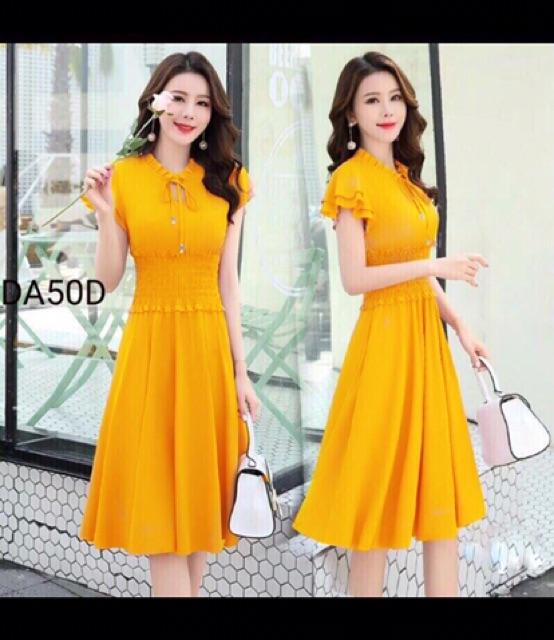 Đầm nhún eo, thắt nơ cổ thướt tha xinh lung linh kèm hình thật