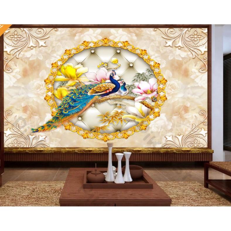 Tranh dán tường 3d trang trí phòng khách phòng ngủ hiện đại, Đôi chim công hạnh phúc MS1133894