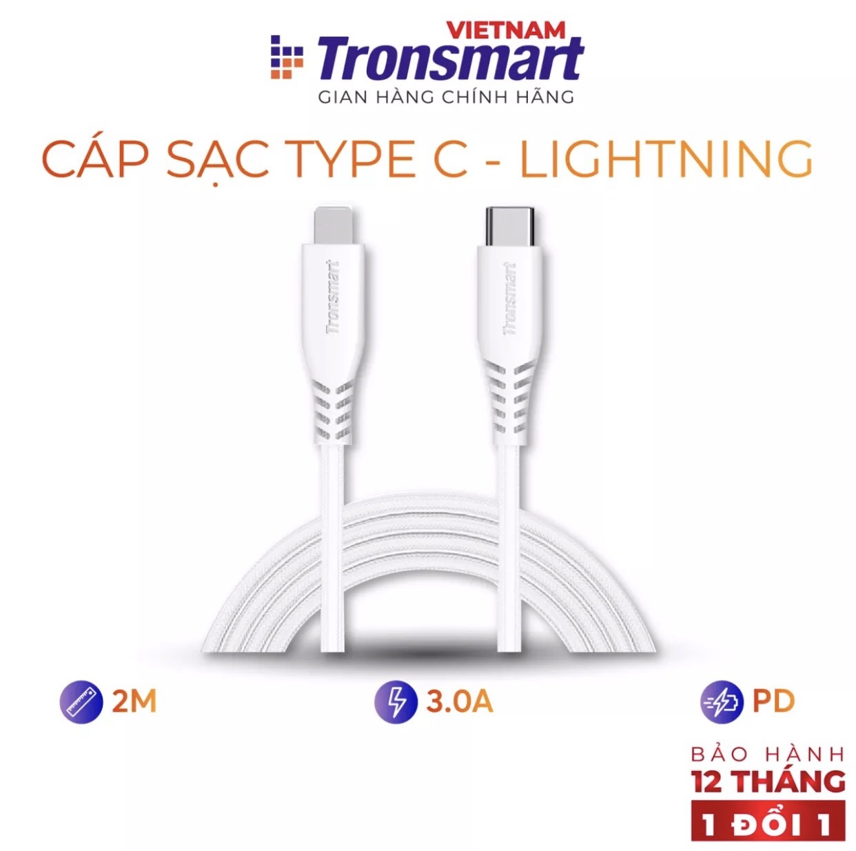 Cáp Sạc Tronsmart USB-C to Lightning Bện Nylon Siêu Bền, Hỗ Trợ Sạc Nhanh Power Delivery Cho Các Thiết Bị IOS, Trang Bị Chip Sạc Thông Minh Chống Quá Tải, Quá Áp, Dài 1.2m - Hàng Chính Hãng