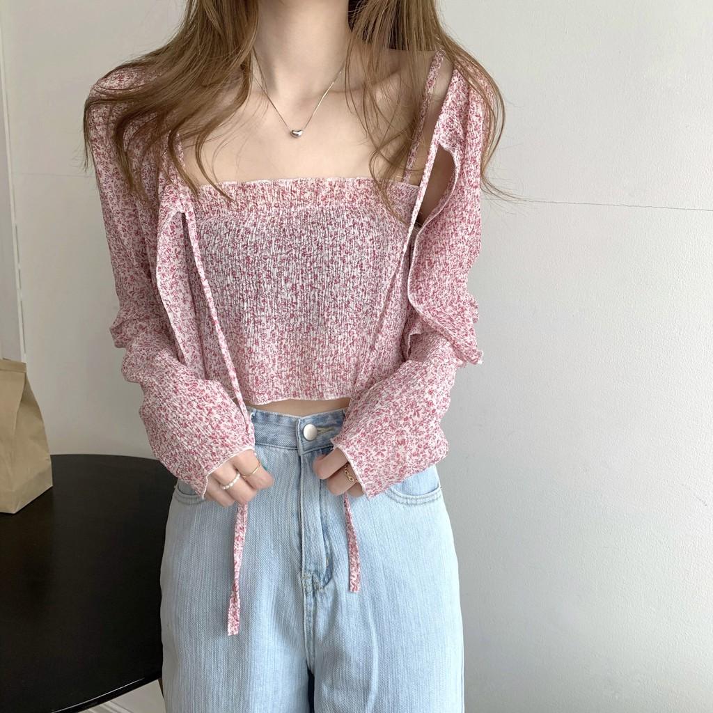 Set Áo Tay Dài Kèm Áo Croptop Hai Dây Hoa Nhí (ảnh thật)