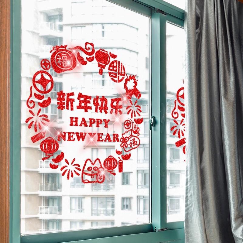 Decal trang trí tết - Vòng tròn chữ Happy New year nhũ kim tuyến đỏ