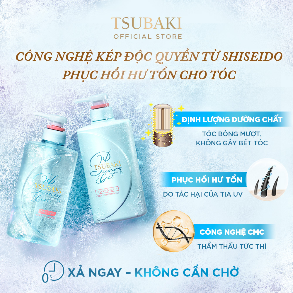 Bộ Ba Gội Xả Tsubaki Premium Cool Sạch Dầu Mát Lạnh và Xịt Dưỡng Tóc 220ml