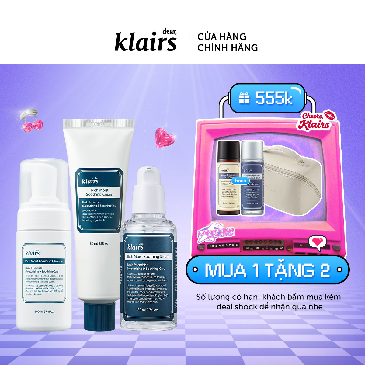 Combo Dear, Klairs Rich Moist Soothing Serum 80ml + Rich Moist Soothing Cream 80g+1 Rich Moist Foaming Cleanser 100ml