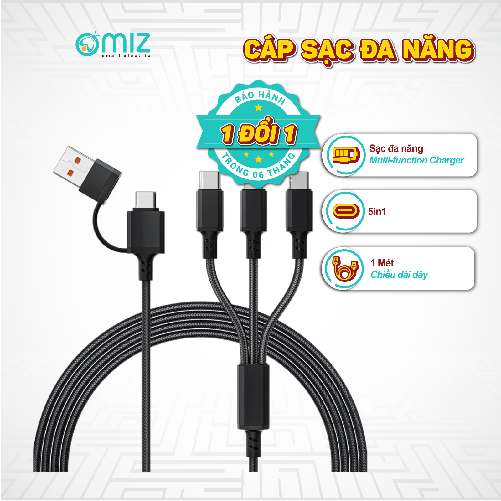 Cáp Sạc Nhanh 5in1 Omiz Dây Dù 1m - Hàng chính hãng