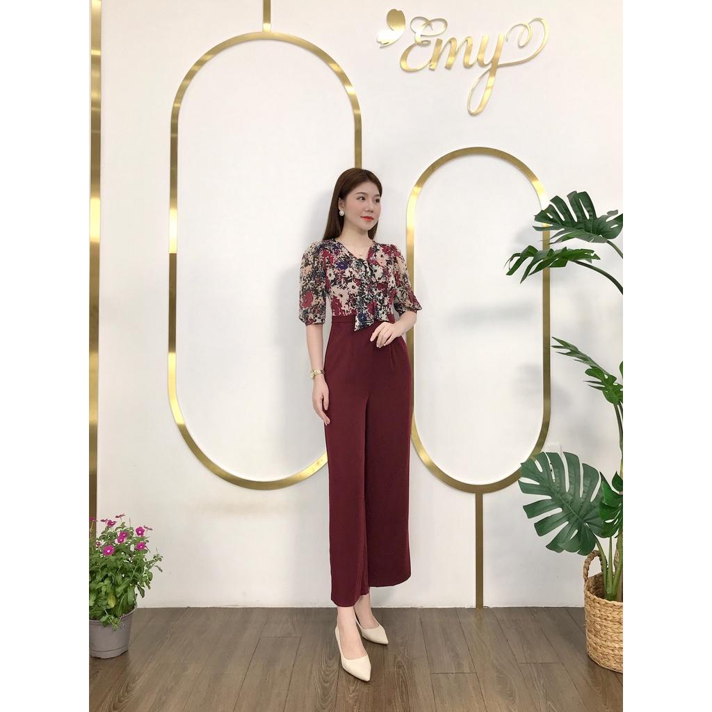 Jumpsuit EMY EM6625 Hoa Lá Phối Màu Phối Dây Cột Nơ