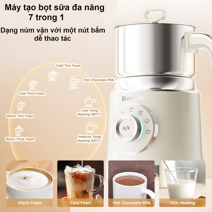 Máy tạo bọt sữa đa năng chuyên nghiệp 7 trong 1 thương hiệu Mỹ cao cấp Biolomix BMF201 - Hàng chính hãng